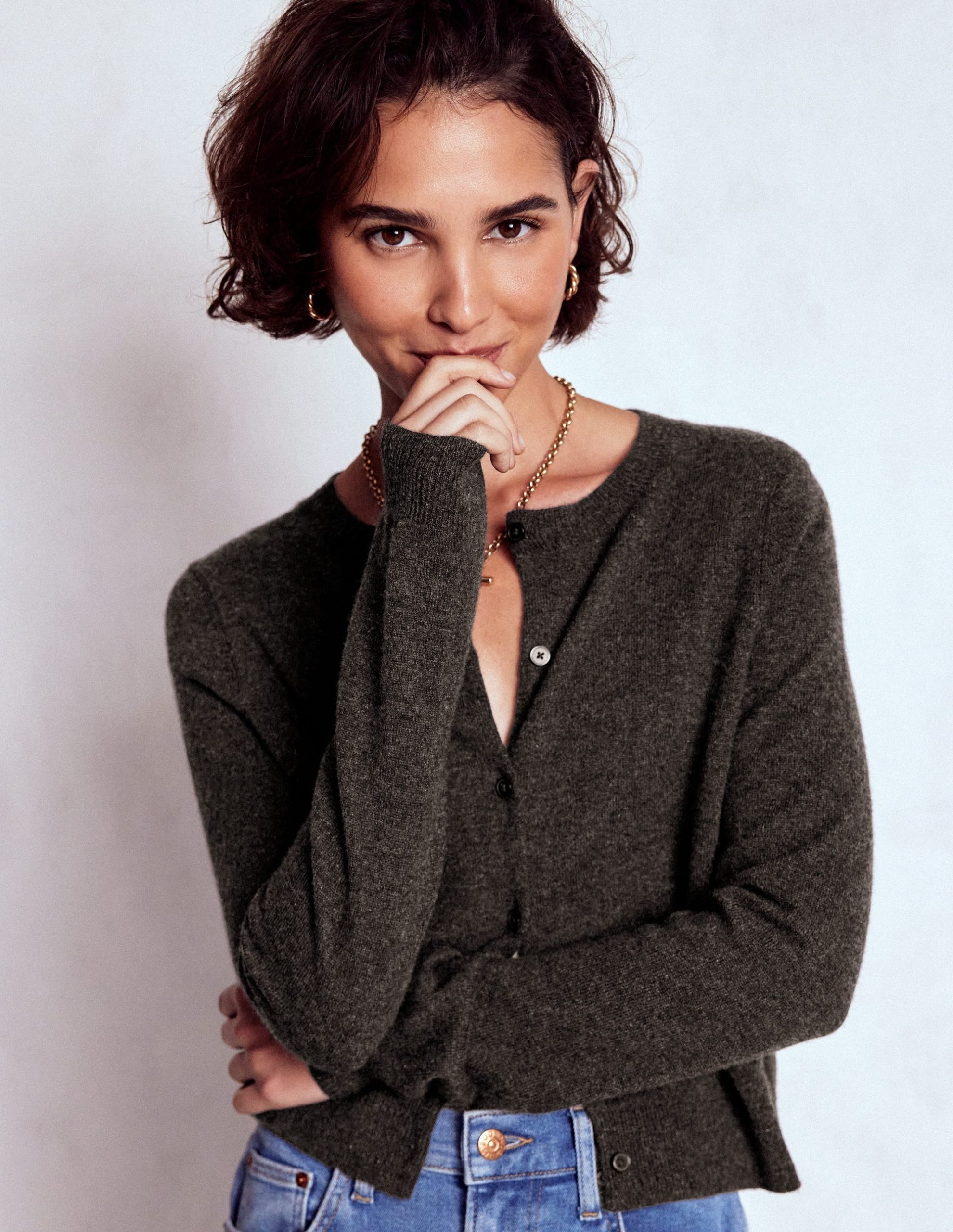 Eva Cashmere Cropped Cardigan-Charcoal Melange