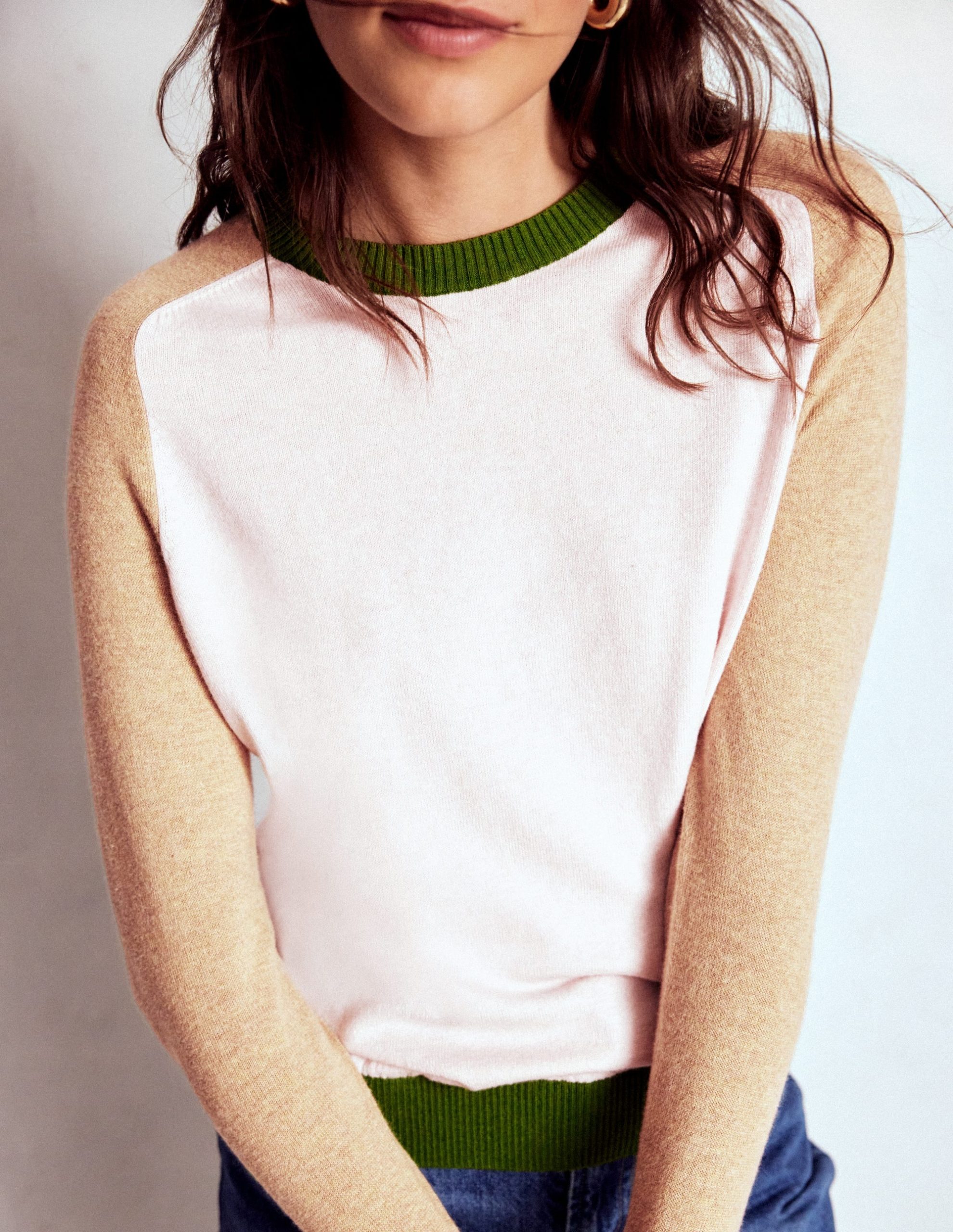 Meg Raglan Sleeve Jumper-Pink. Green Colour Block