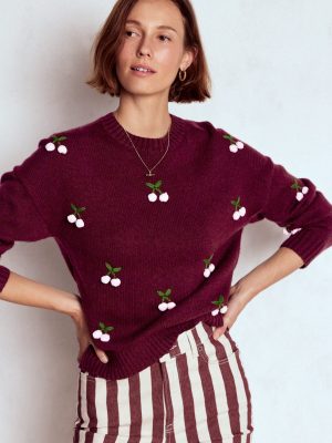 Natalie Embroidered Jumper-Chestnut Melange. Cherry
