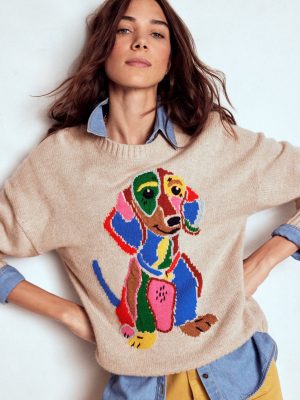 Natalie Embroidered Jumper-Oatmeal Melange. Daschund