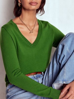 Emilia Cotton V-Neck Jumper-Promenade Green