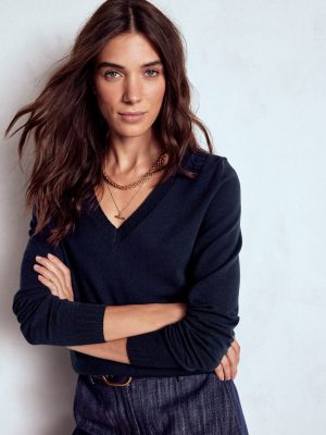 Emilia Cotton V-Neck Jumper-Navy