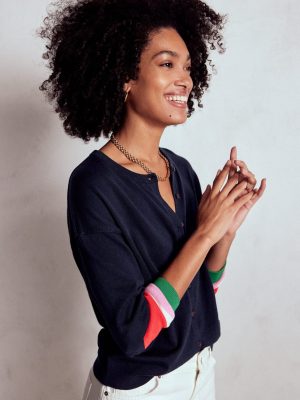 Lara Relaxed Cotton Cardigan-Navy. Cuff Stripe