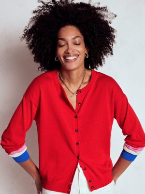 Lara Relaxed Cotton Cardigan-Poppy Red. Cuff Stripe