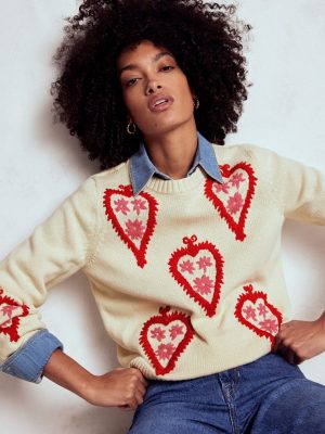 Graphic Embroidered Sweater-Warm Ivory. Hearts