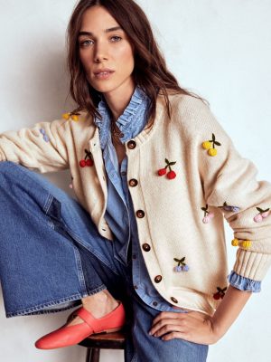 Natalie Embroidered Cardigan-Oatmeal Melange. Cherry