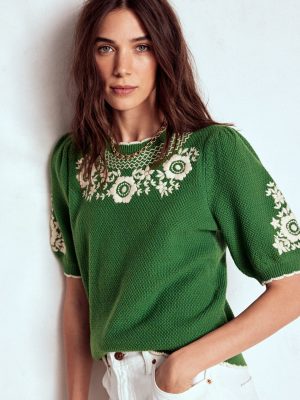 Puff Sleeve Embroidery T-shirt-Paradise Green