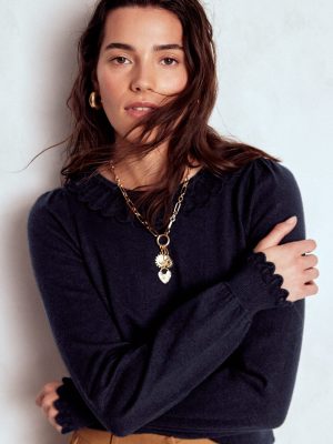 Melina Cotton Ruffle Sweater-Navy