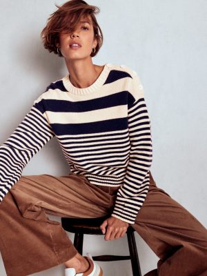 Jemma Chunky Cotton Jumper-Warm Ivory/ Navy