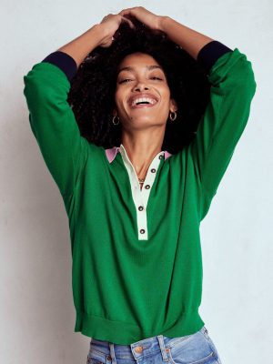 Lara Cotton Henley Jumper-Rich Emerald Colour Block