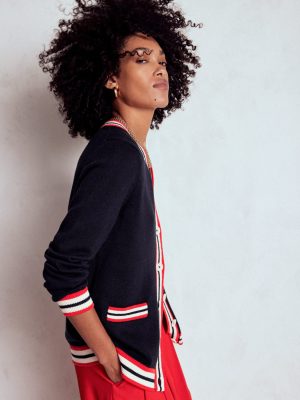 Long Cotton V-neck Cardigan-Navy