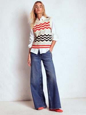 Cotton Wave Tank-Navy/ Red Textured Wave