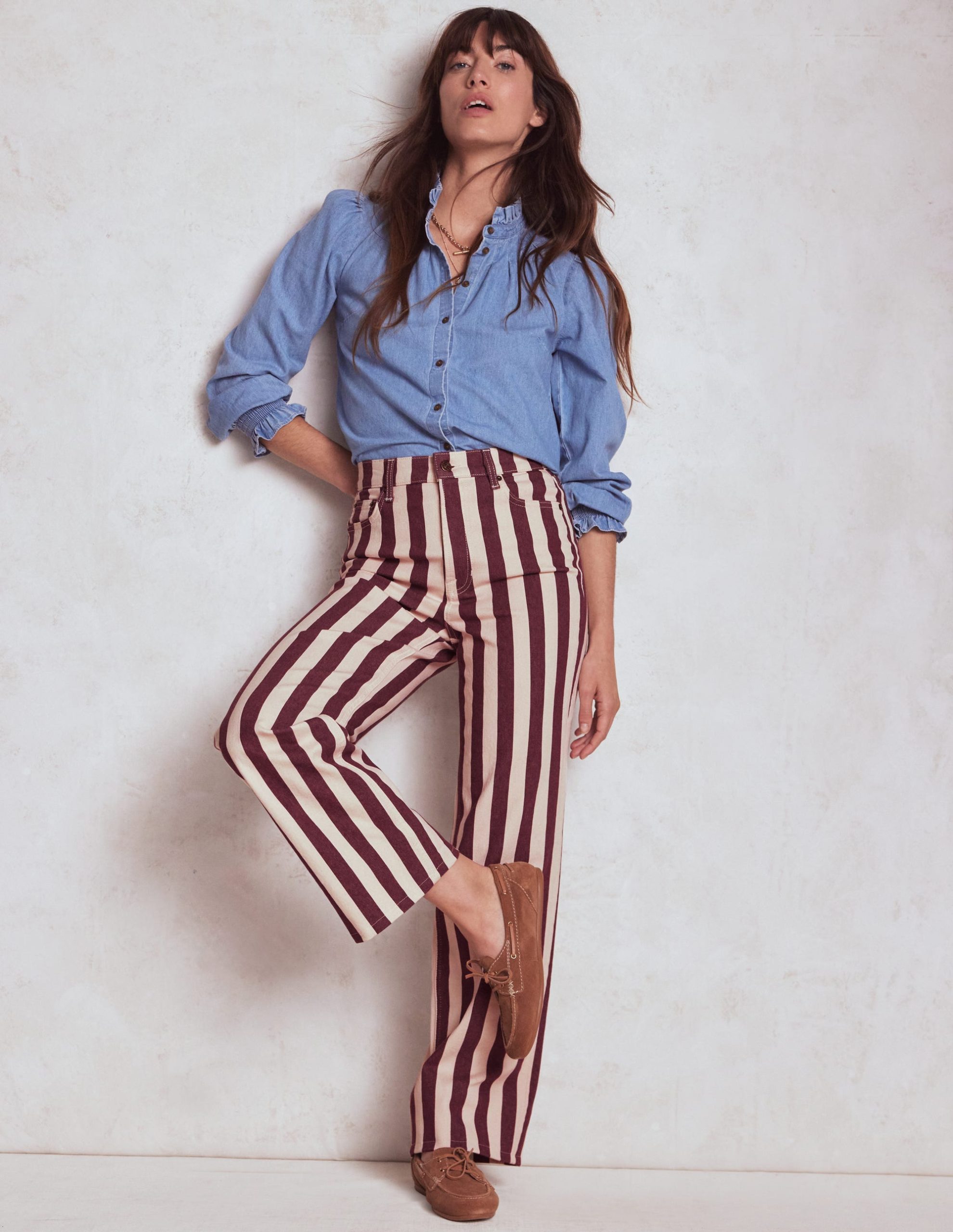 High Rise Column Leg Jeans-Maroon and Ivory Stripe