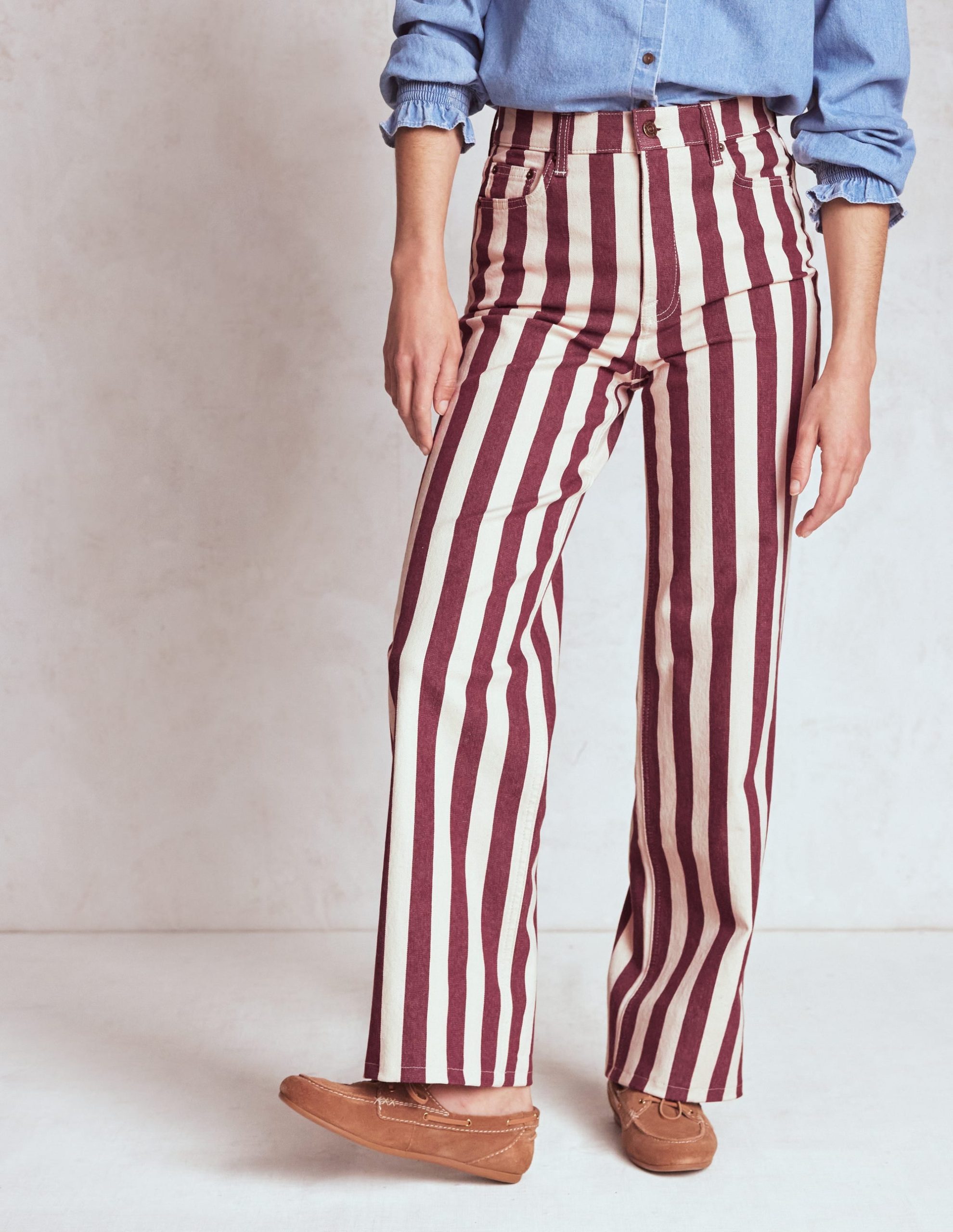 High Rise Column Leg Jeans-Maroon and Ivory Stripe - Image 4