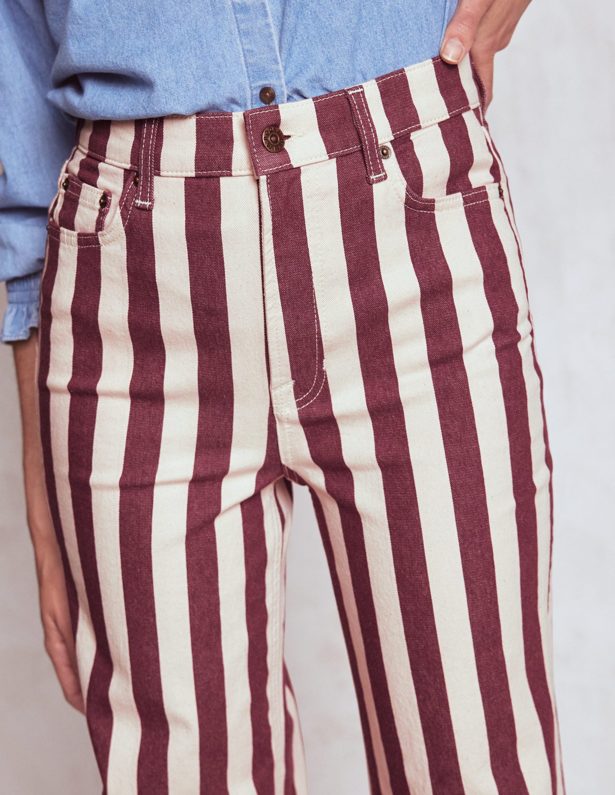 High Rise Column Leg Jeans-Maroon and Ivory Stripe - Image 5