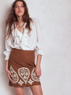 Embroidered Linen Skirt-Russet