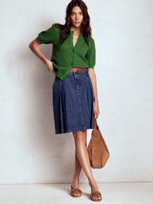 Pleated Denim Skirt-Mid Wash