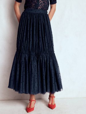 Anna Tulle Midi Skirt-Navy Flocked Spot