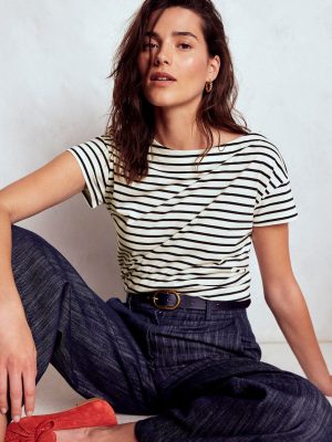 Supersoft Boat Neck T-Shirt-Ivory. Navy Stripe