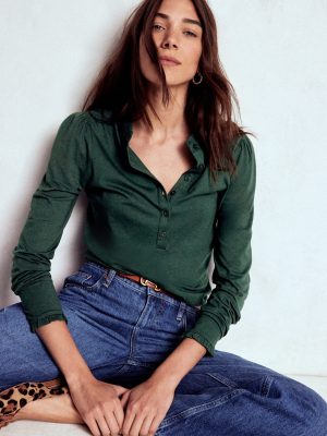 Supersoft Frill Henley Top-Green Pine