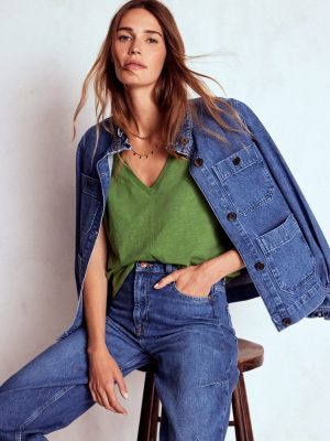 V Neck Slub T-shirt-Safari Green