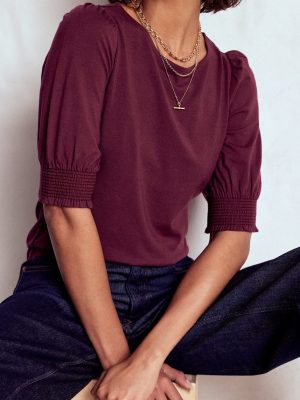 Short Sleeve Smocked Cuff Top-Deep Wisteria