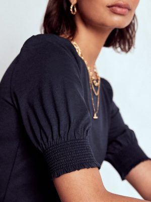 Short Sleeve Smocked Cuff Top-Navy