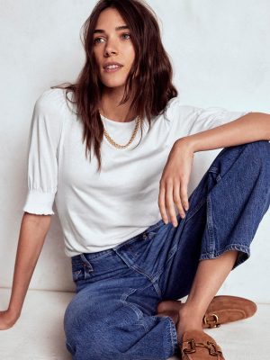 Short Sleeve Smocked Cuff Top-White