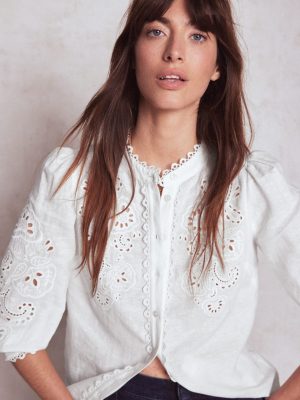 Alicia Cutwork Linen Top-White. Cutwork Embroidery