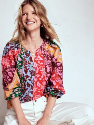 Long Sleeve Notch Top-Multi. Ornate Vine