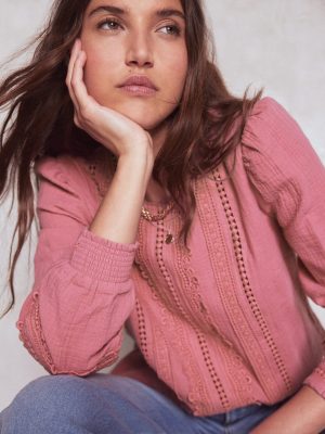 Trim Interest Double Cloth Top-Pink Heather