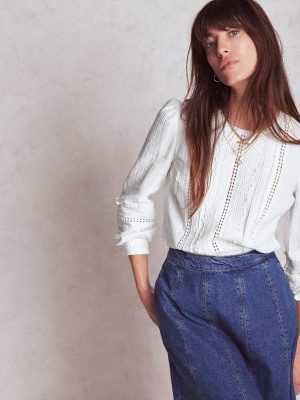 Trim Interest Double Cloth Top-White