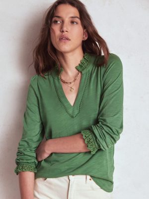 Aria Broderie Notch Neck Top-Newt Green
