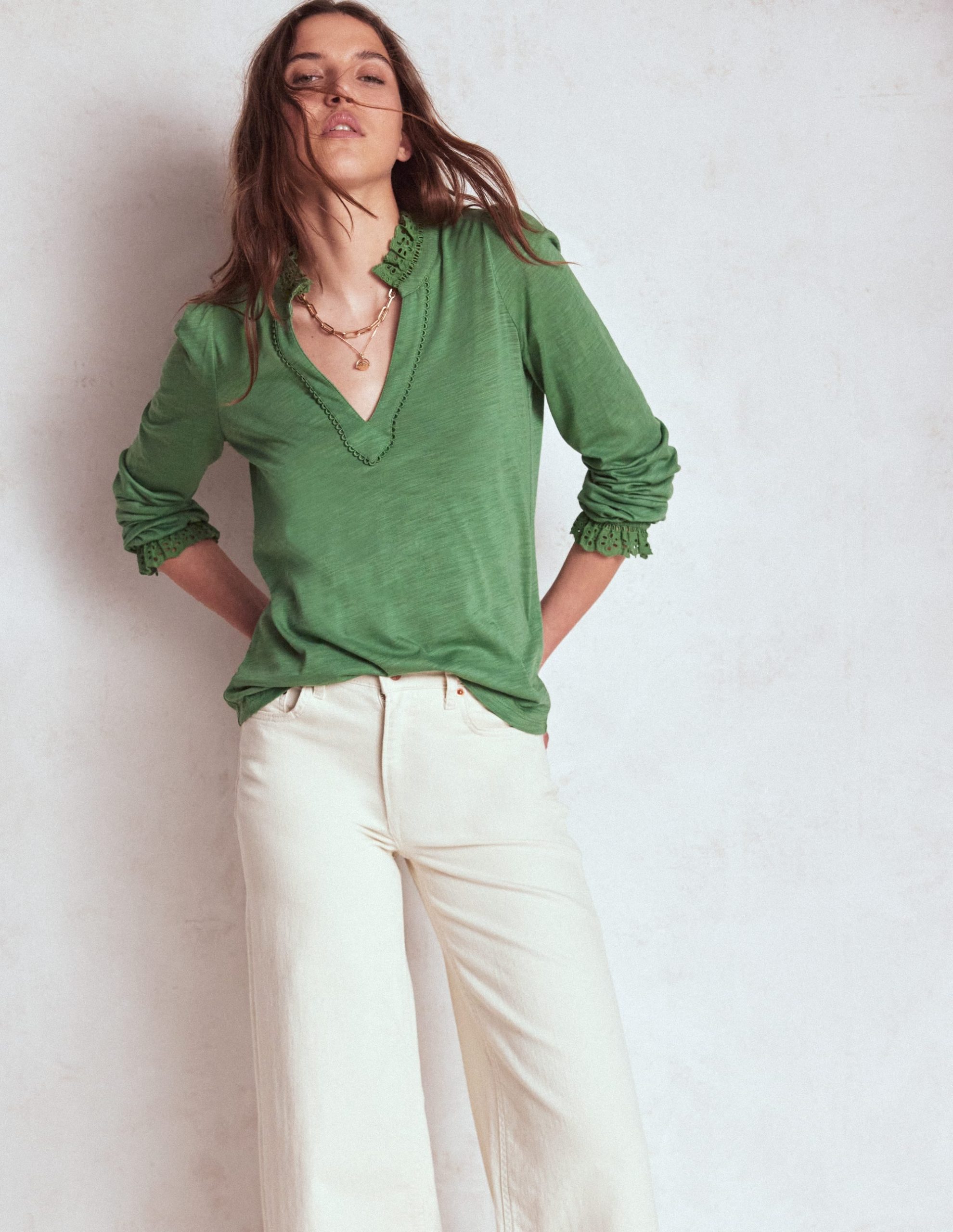Aria Broderie Notch Neck Top-Newt Green - Image 4