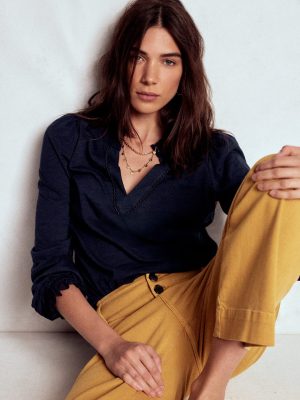 Aria Broderie Notch Neck Top-Navy