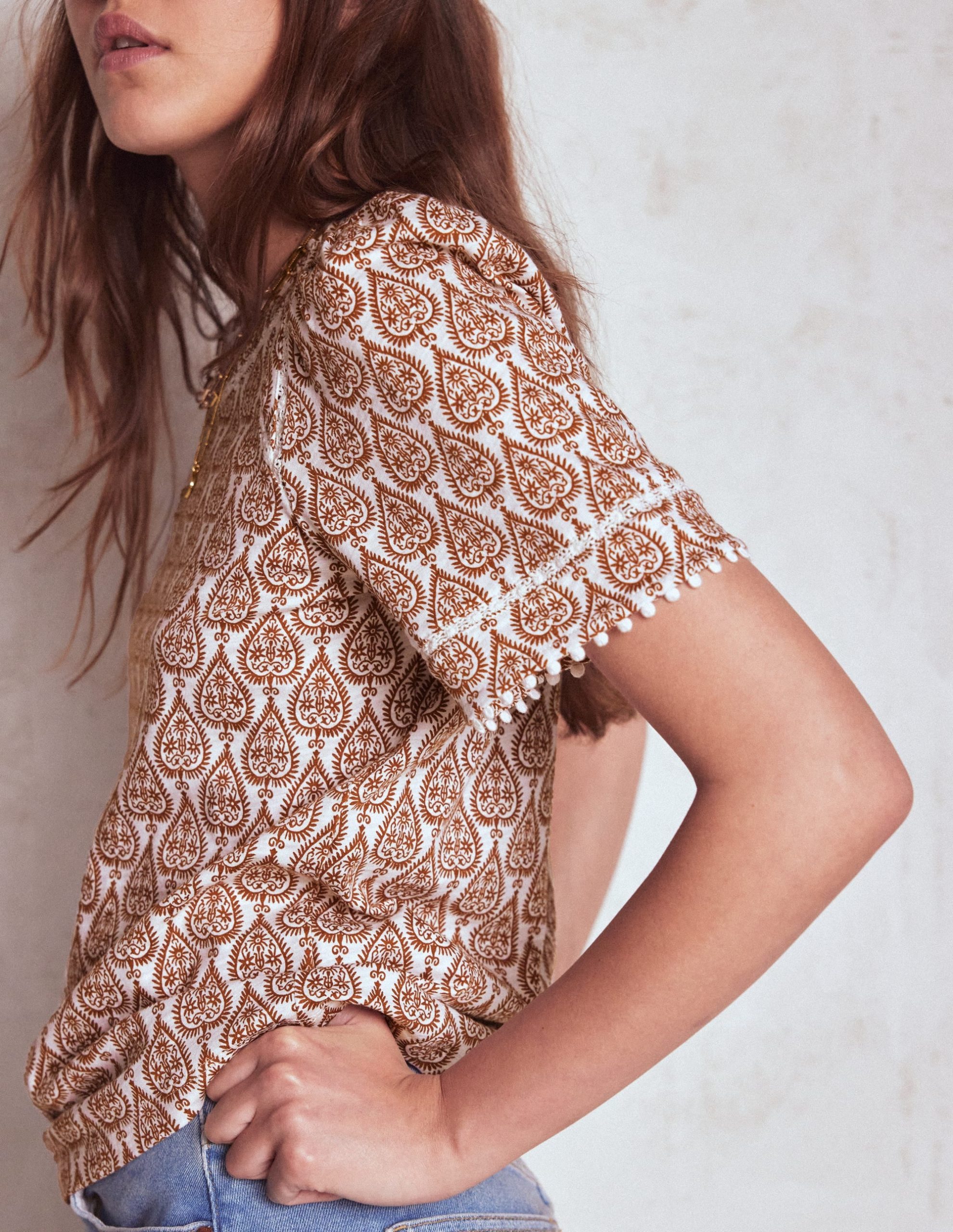 Mila Lace Trim Top-Ivory and Cognac. Ornate Geo - Image 2