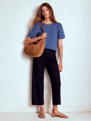 Mila Lace Trim Top-Denim Blue