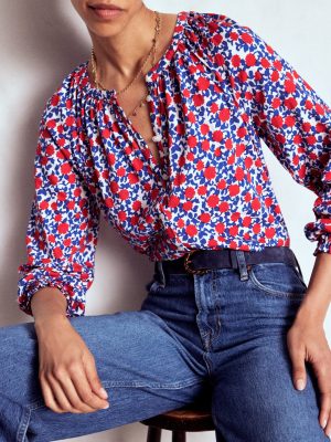 Isla Long Sleeve Jersey Shirt-Poppy Red. Floweret Vine