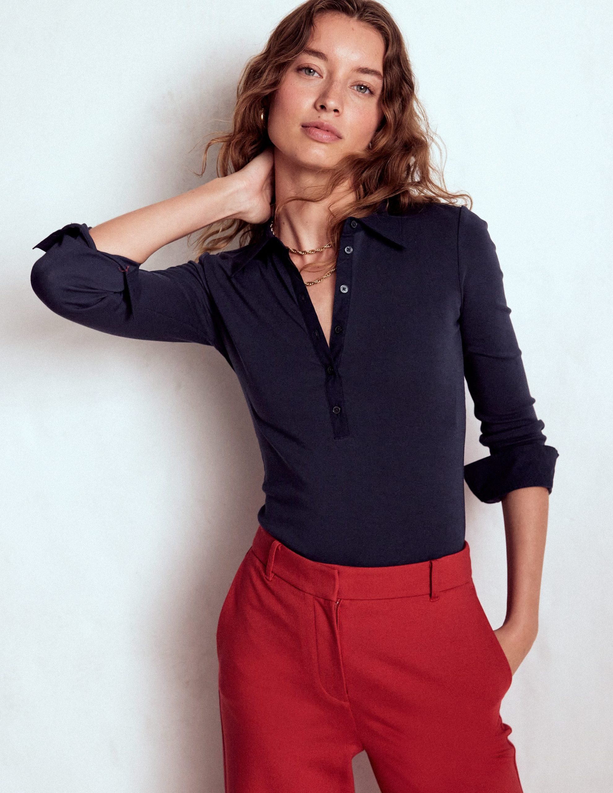 Collared Placket Jersey Shirt-Navy