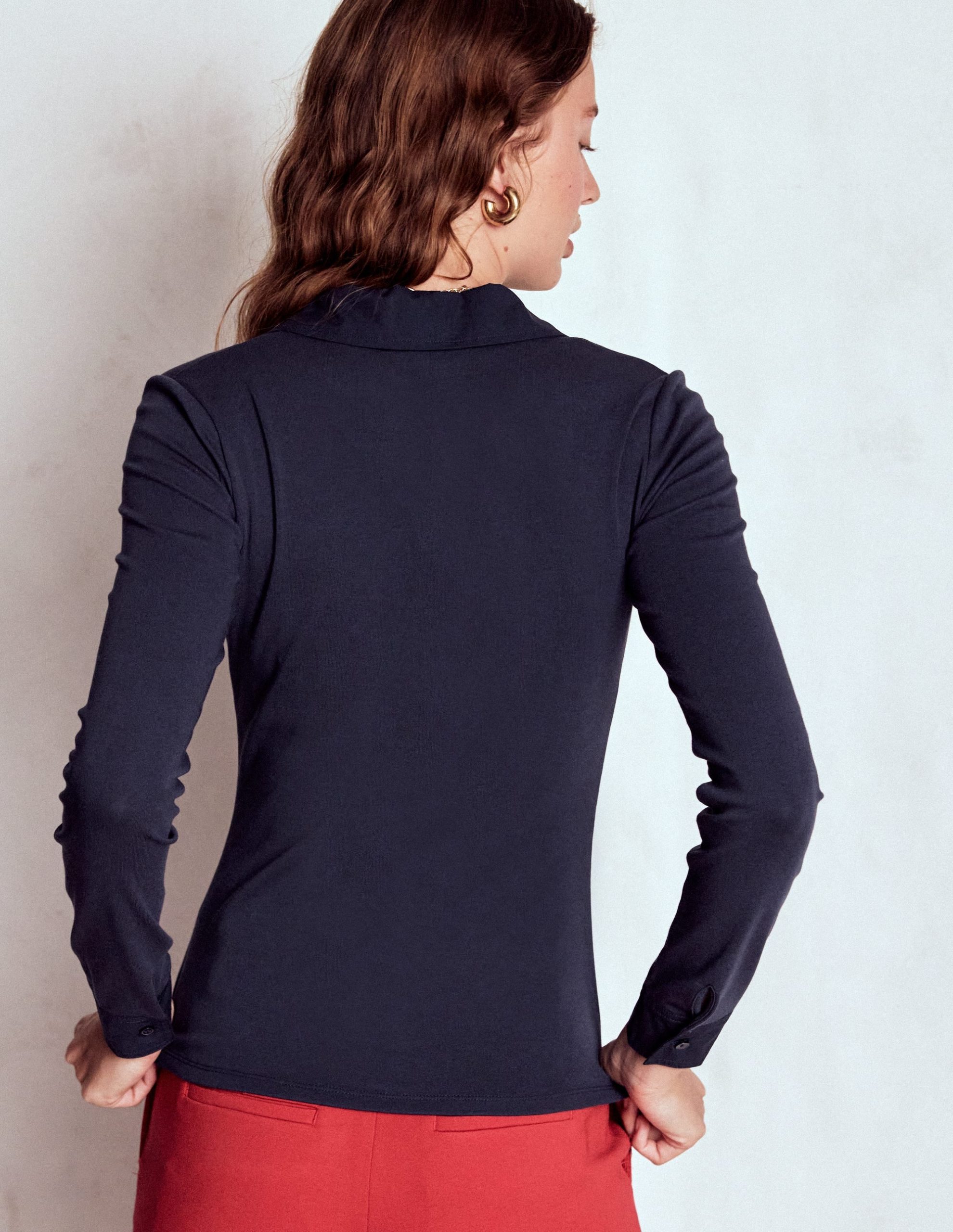 Collared Placket Jersey Shirt-Navy - Image 3