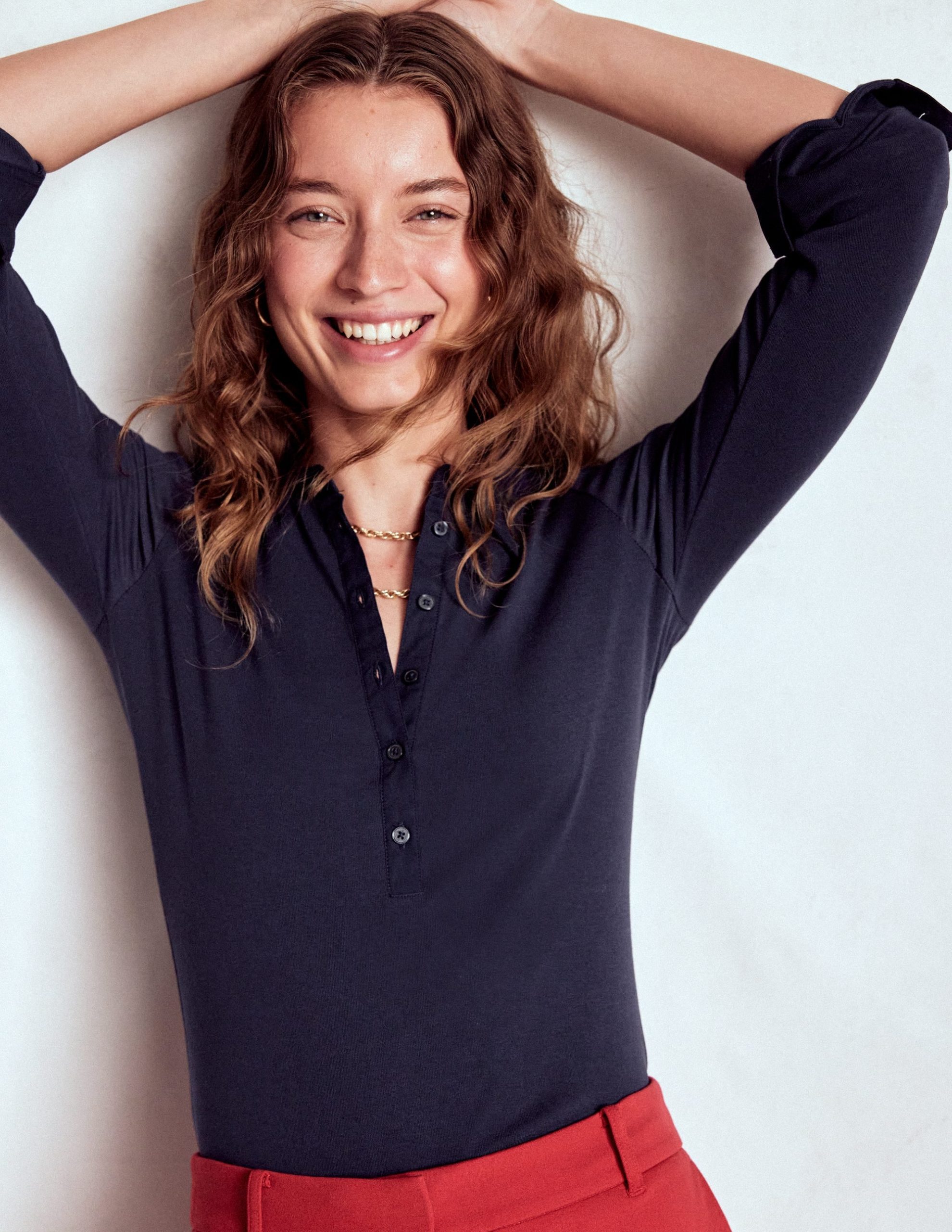 Collared Placket Jersey Shirt-Navy - Image 4