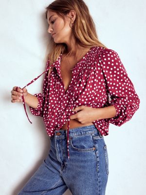 Georgia Smocked Jersey Top-Chestnut. Ivory Painted Dot