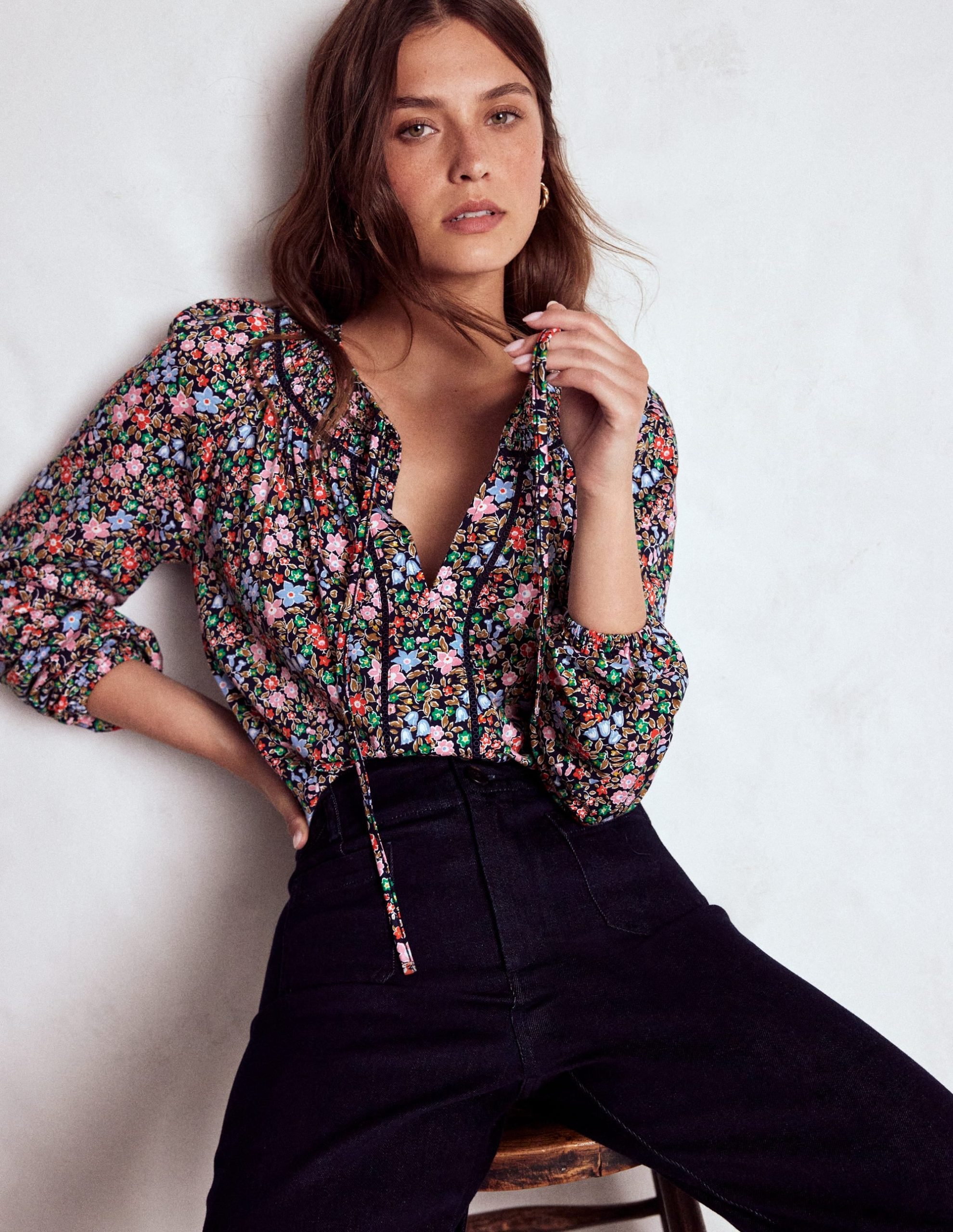 Georgia Smocked Jersey Top-Navy and Multi. Flowerbed