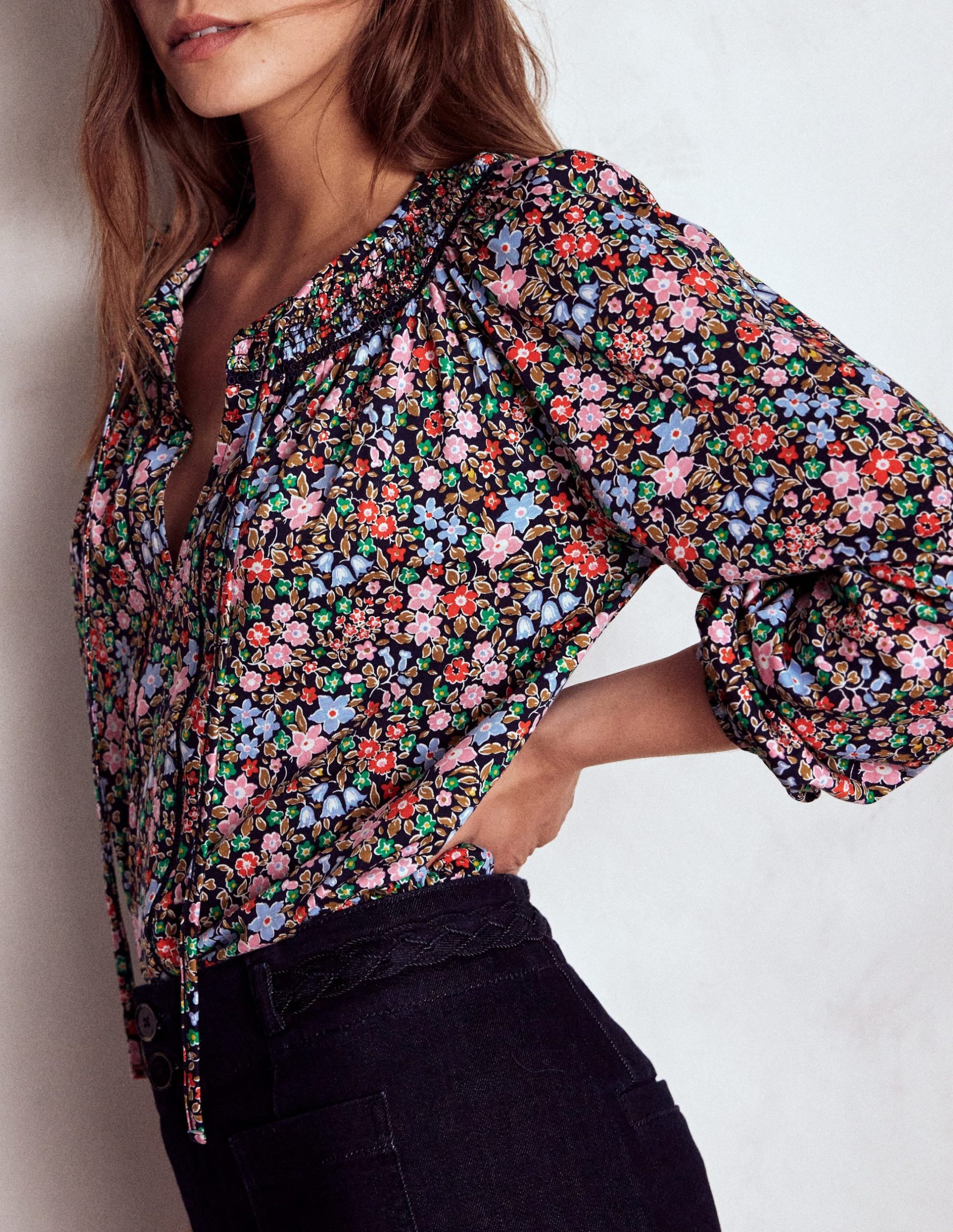 Georgia Smocked Jersey Top-Navy and Multi. Flowerbed - Image 2