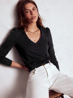 Flora Lace V-neck Top-Black