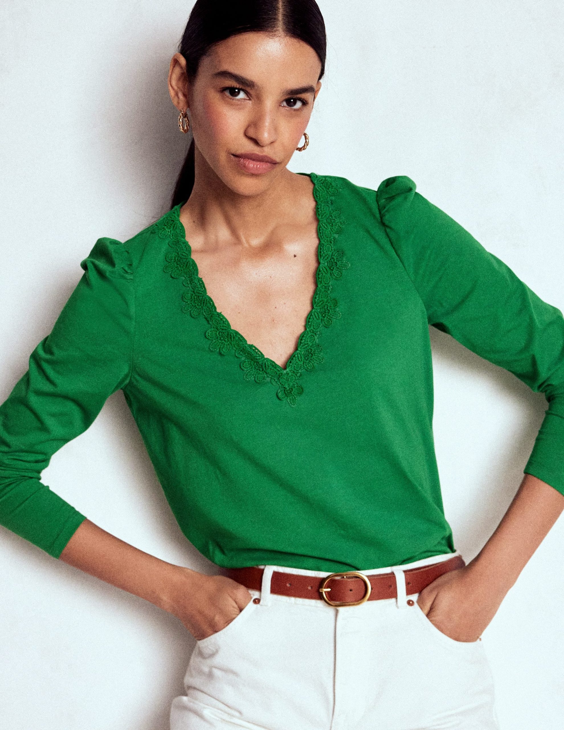 Flora Lace V-neck Top-Highland Green