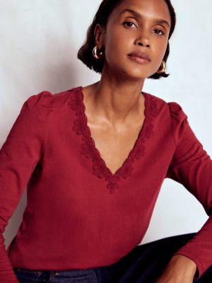 Flora Lace V-neck Top-Burgundy Red