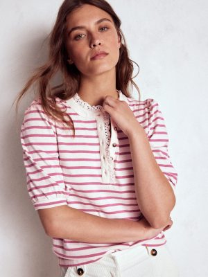 Puff Sleeve Henley-Pink Heather. Ivory Stripe