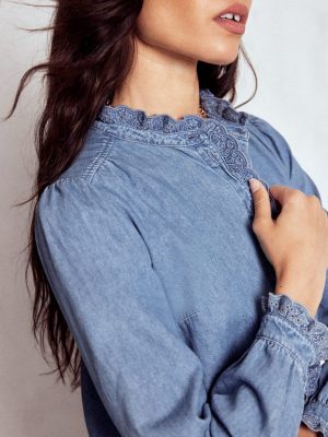 Helena Denim Ruffle Neck Top-Light Authentic