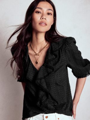 Ruffle V-Neck Blouse-Black